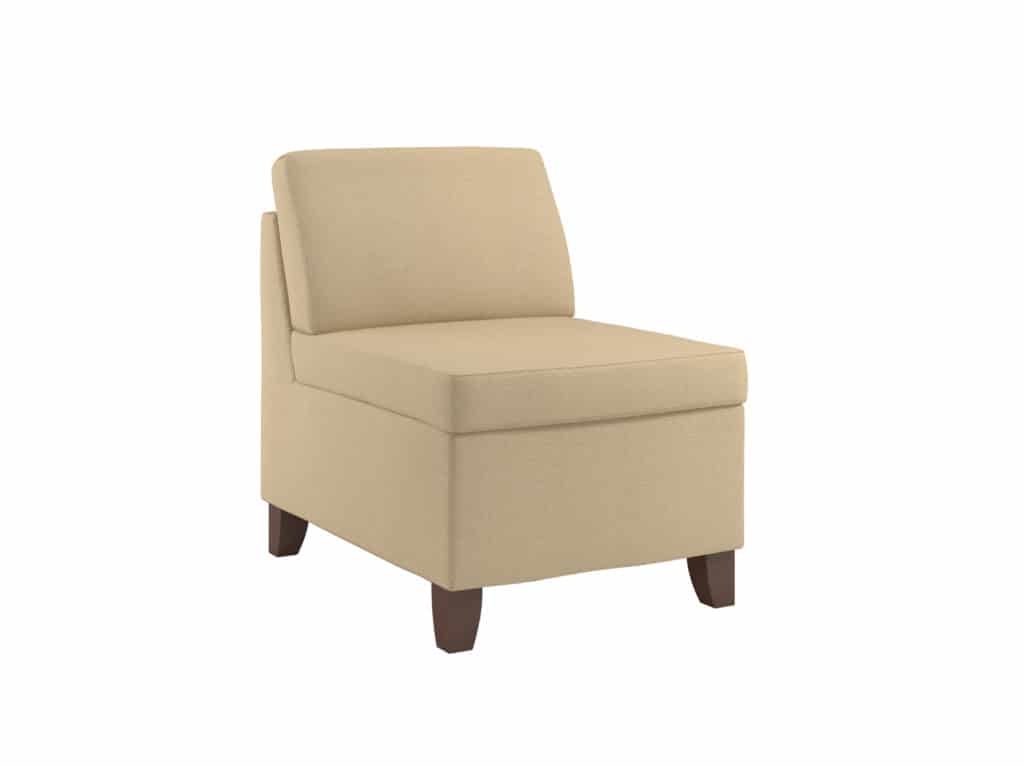 Three Quarter View of Rally Armless Chair with Wood Feet Fully Renewable Upholstered Seating