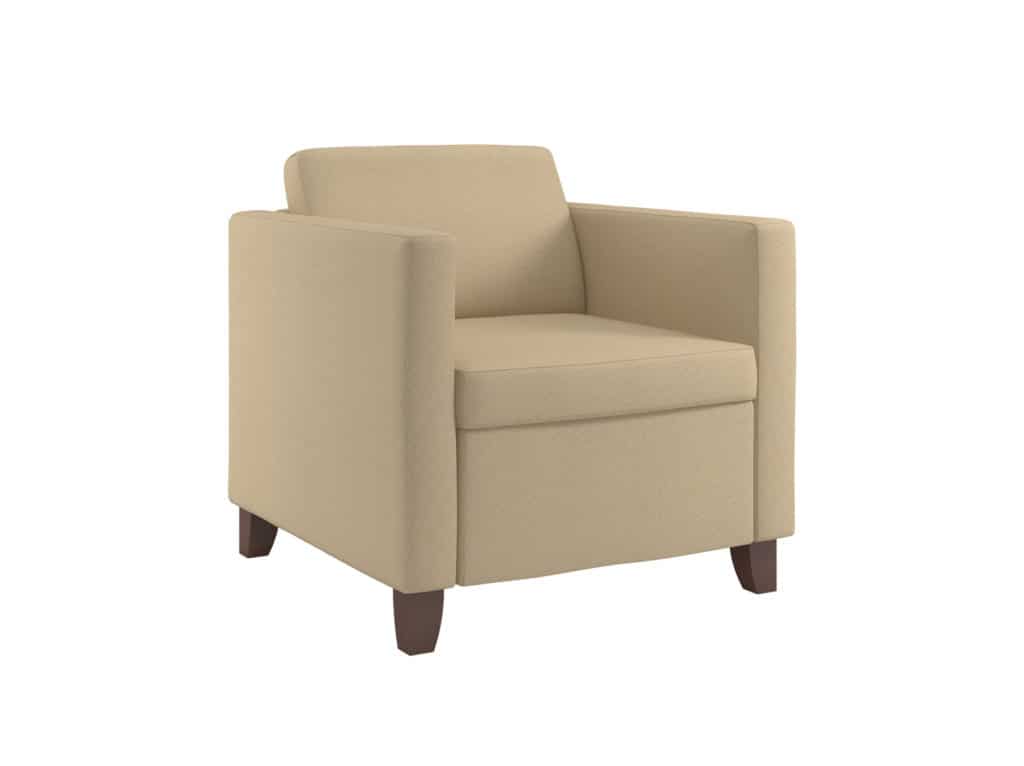 Three Quarter View of Rally Embrace Chair with Round Metal Feet that can be used in Gathering Spaces