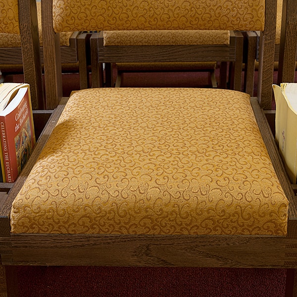 Closeup of Oaklok Cushion Seat with Yellow Fabric located in St. Raphael Church located in Koloa, HI