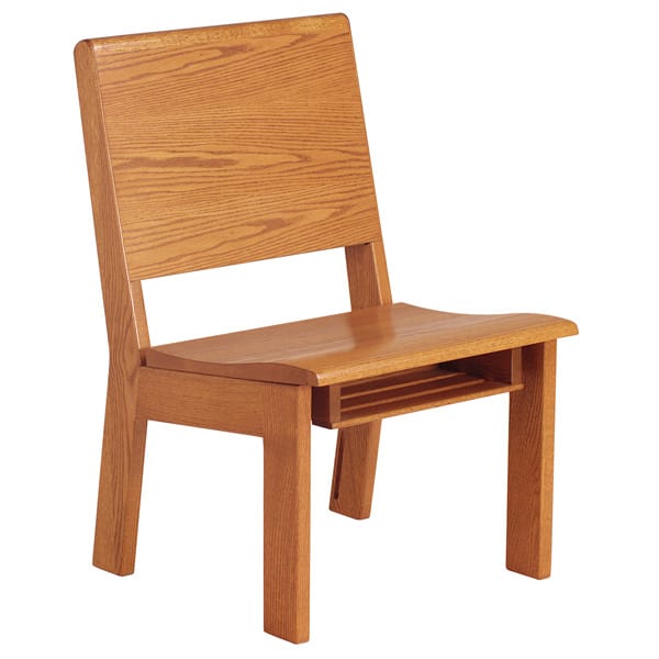 Three Quarter View of All Wood Unity Chair with Underseat Book Rack