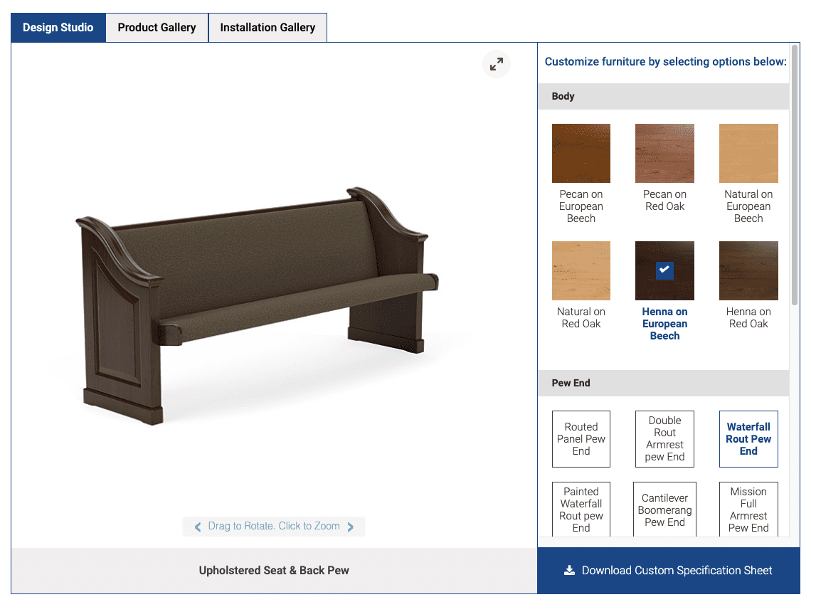 Preview of Sauder Worship Seating Pew in Design Studio a 3D visualization tool for worship furniture.