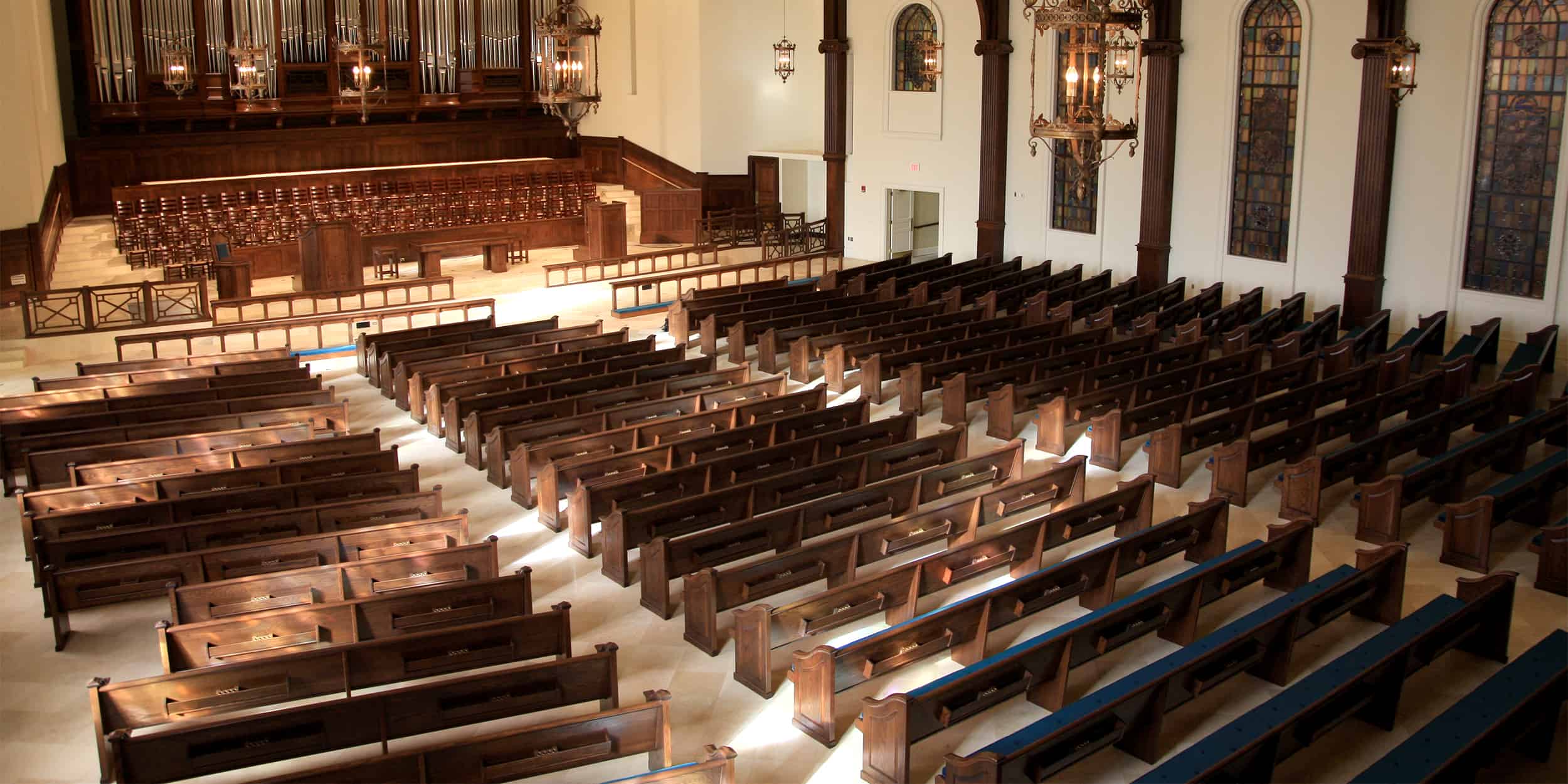 View from balcony of Sauder Church Furniture pews.