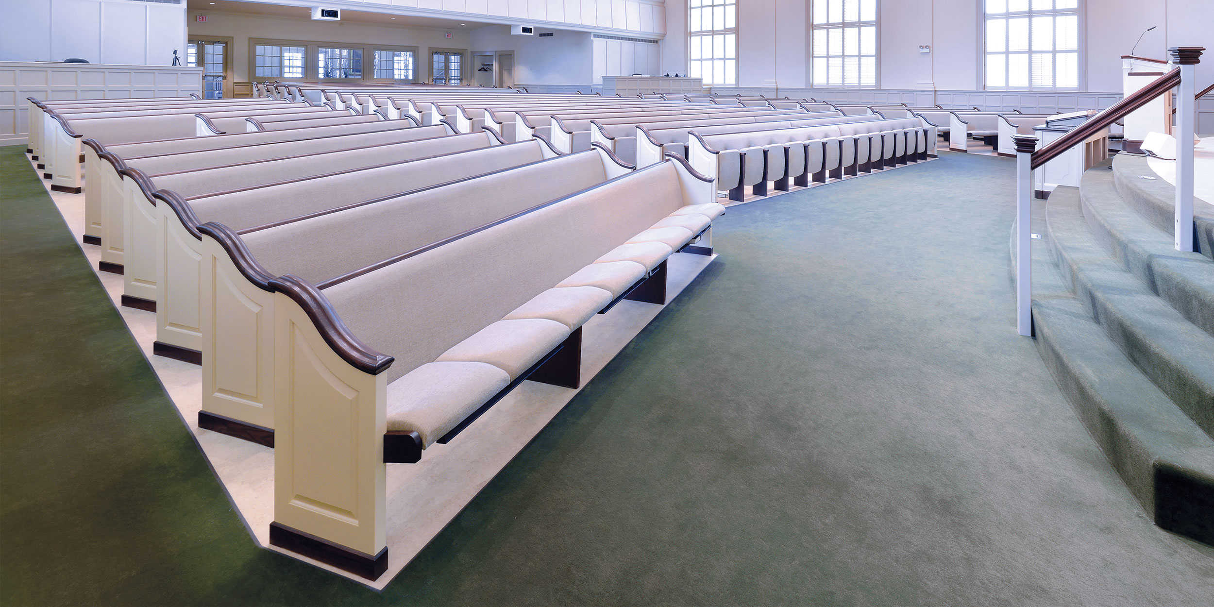 Fully Upholstered Church Pews with Individual Seats and Painted Colonial Pew Ends