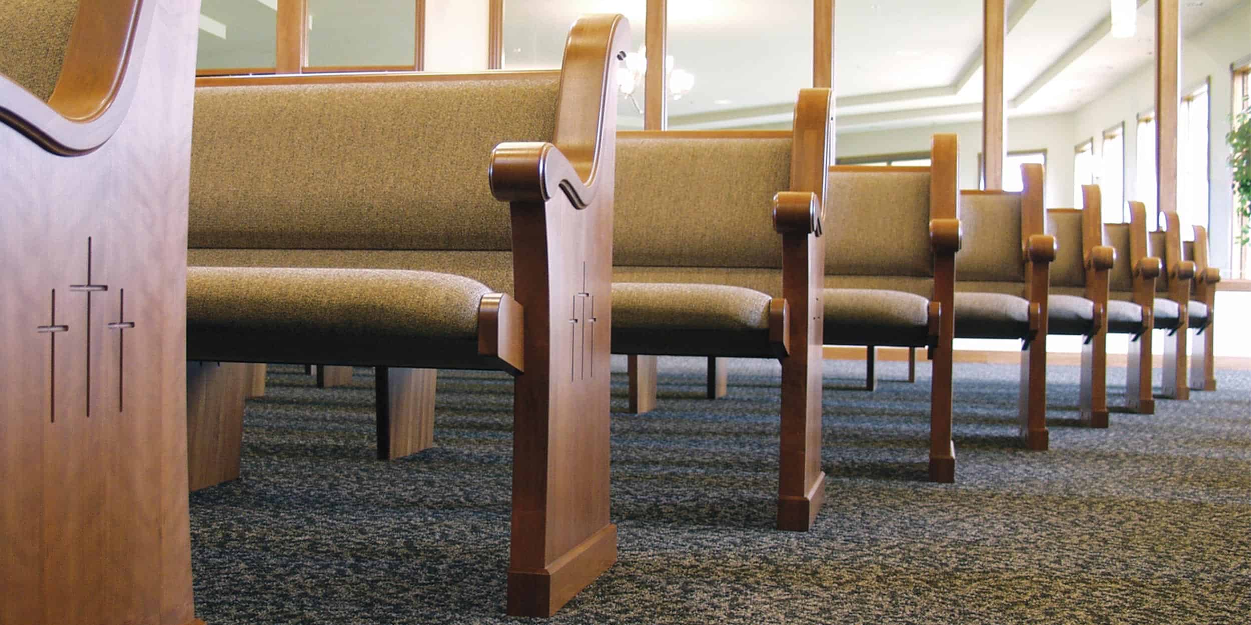 Closeup of Pews from Sauder inside St. Johns Lutheran Church in Archbold, OH.