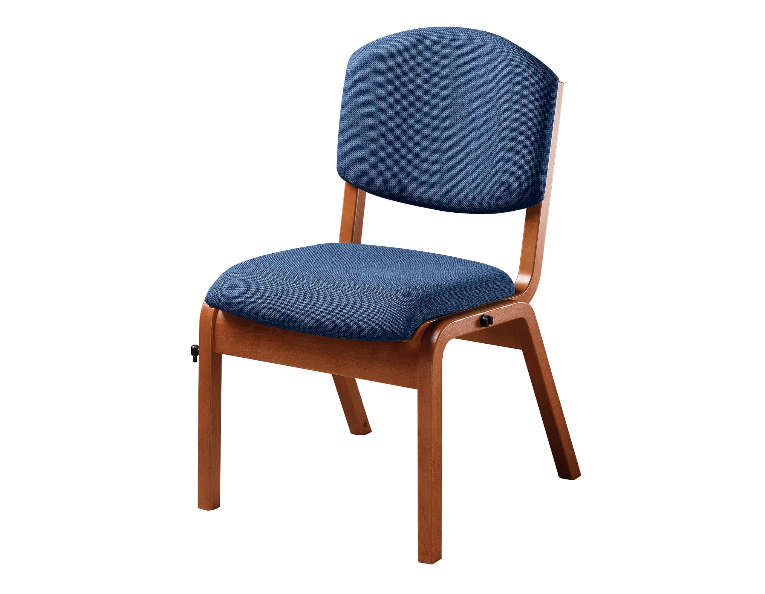Ply bent wood church chair with upholstered seat and back.